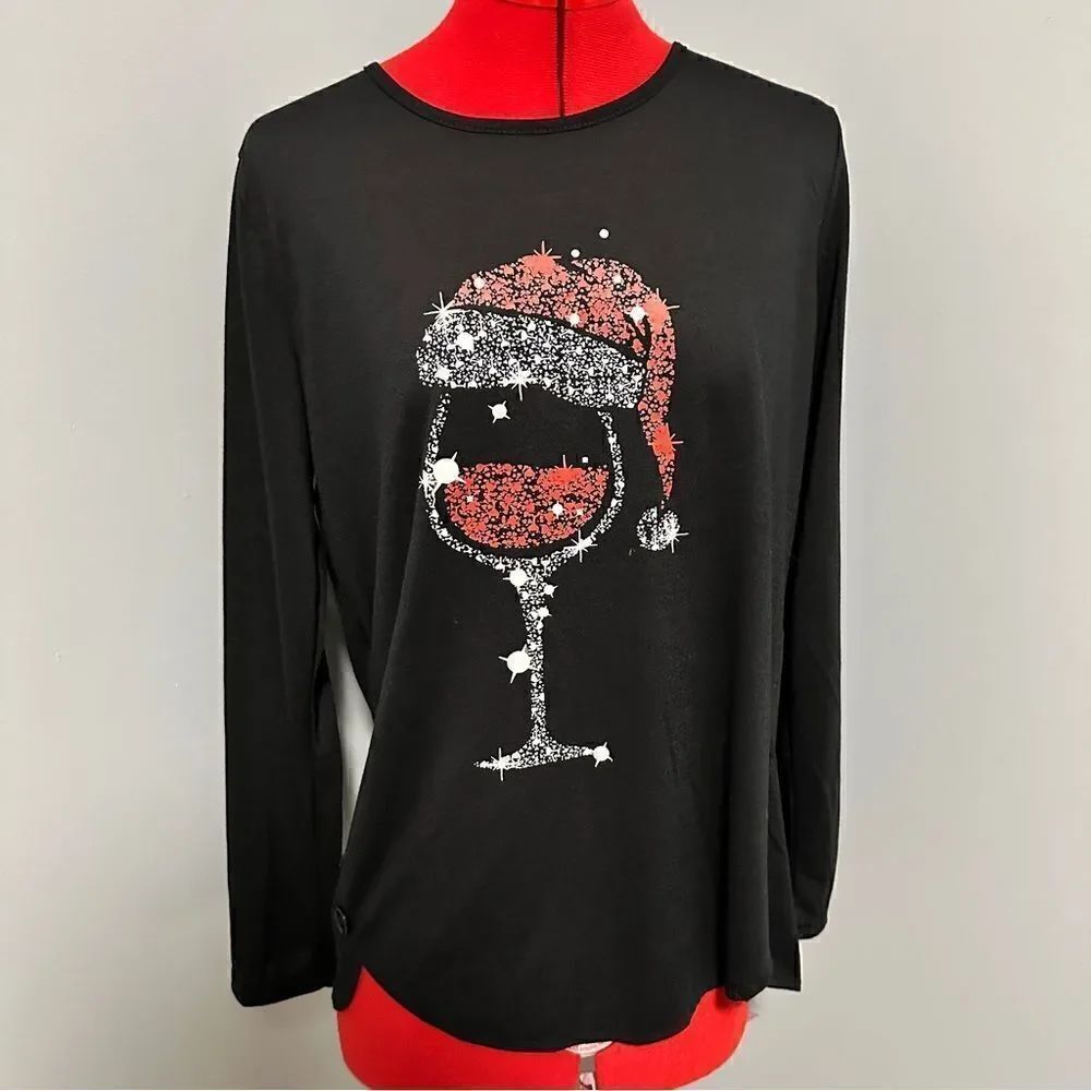 Lilicloth black T-shirt with Christmas wine glass. Size medium